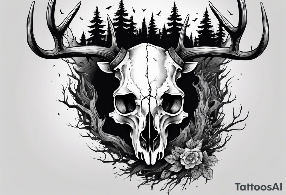 A SCARY side view of a decayed deer skull NO SKIN JUST BONE surrounded by a forest fire in background tattoo idea
