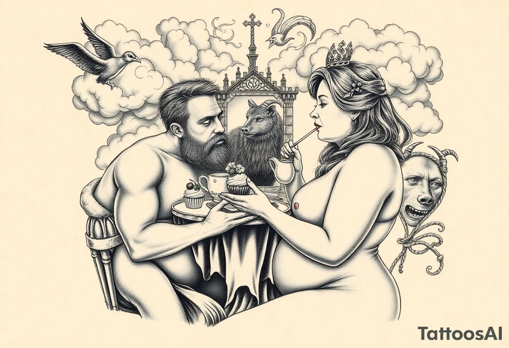 Mystical Naked Man and woman having sex eating cupcakes and  fruit  having sex clouds gothic sexy naked fat lady having a tea party with tea pot at a famcycastle  
with a pigs, peacock, noose, lion, goat, smoking cigerettes looking in the mirror thru storm clouds with razor blades and broken hearts and darkness and wrath, envy , gluttony, greed, sloth, pride kill tattoo idea