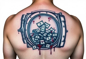 Open vault full of money with splatters of blood more realistic tattoo idea