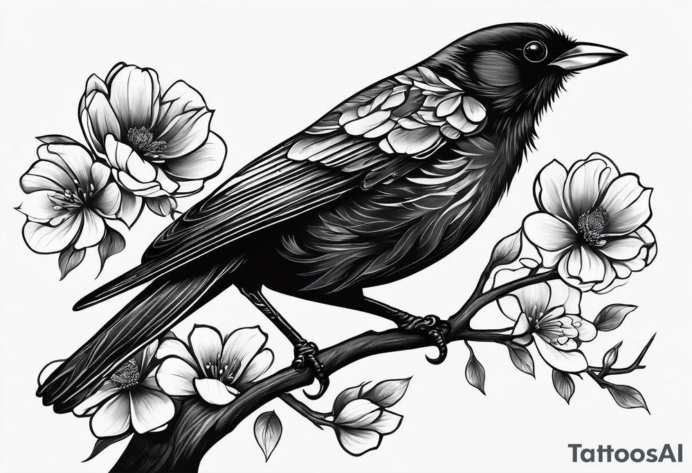 Black bird about to fly on a branch with flowers tattoo idea