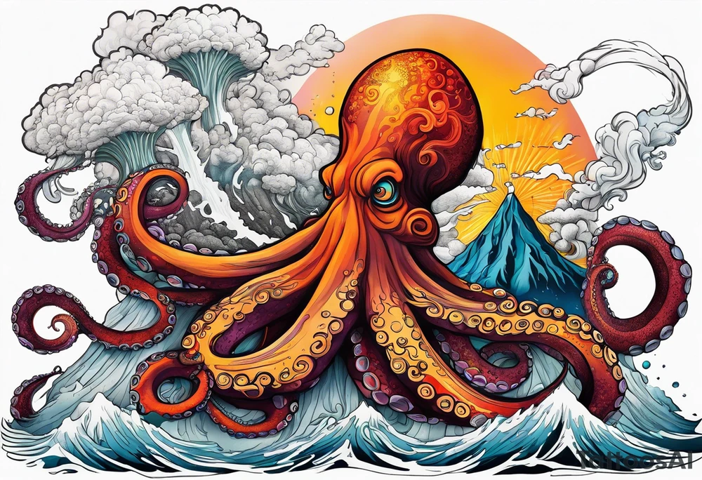 Octopus, volcano eruption, broken bridge tattoo idea
