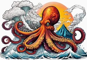 Octopus, volcano eruption, broken bridge tattoo idea