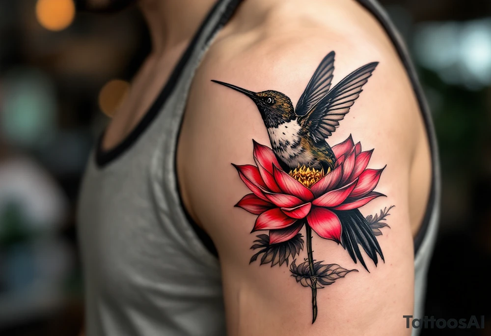 a hummingbird drinking from an egyptian lotus (red and black) tattoo idea