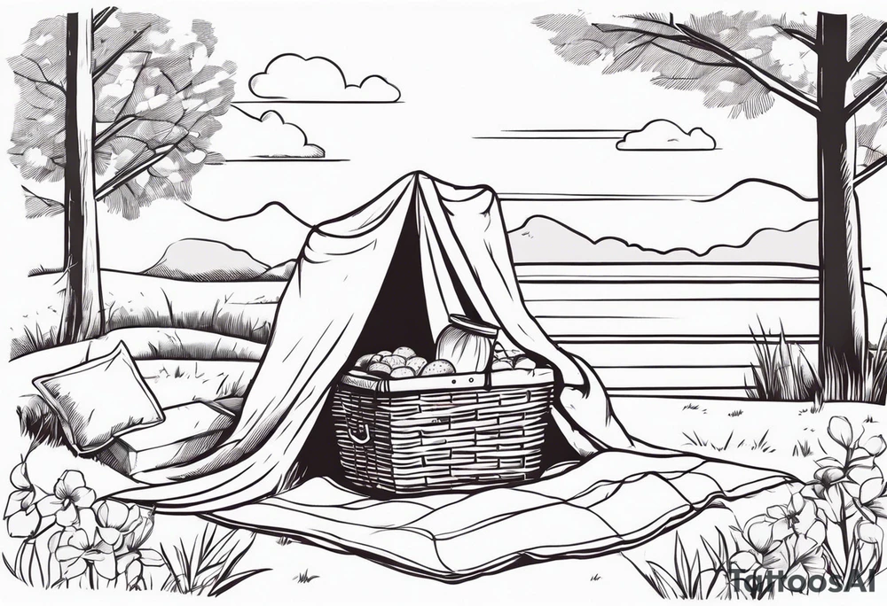 Very light and minimalstic picnic scene in nature. A blanket, picnic-basket with lid, pillows and pennants. Thin lines. tattoo idea