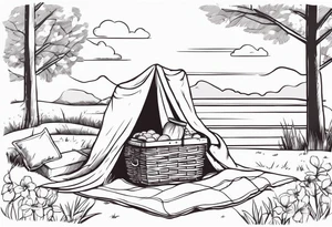 Very light and minimalstic picnic scene in nature. A blanket, picnic-basket with lid, pillows and pennants. Thin lines. tattoo idea