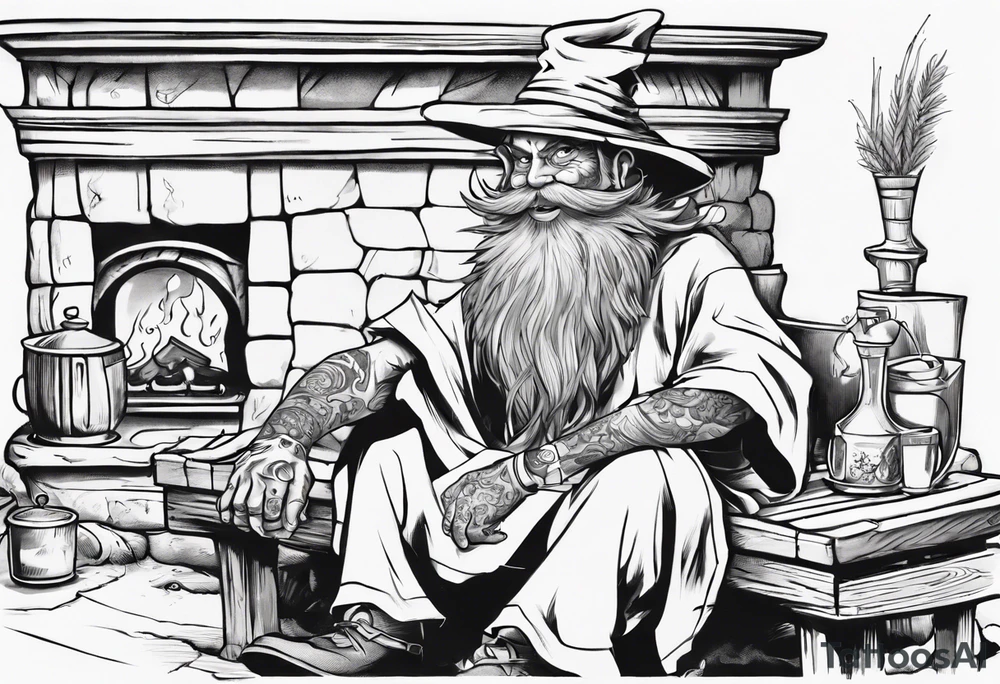 a marshwiggle with a long grey beard wearing a tunic and a floppy hat sitting on a bench by a fireplace drinking from a wood cup, smiling tattoo idea