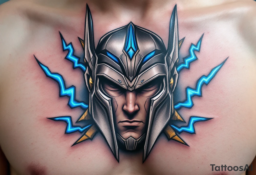 A stylized Thor helmet tattoo, metallic and battle-worn, with bright blue lightning bolts surrounding it, in silver, grey, and electric blue. tattoo idea