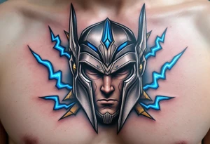 A stylized Thor helmet tattoo, metallic and battle-worn, with bright blue lightning bolts surrounding it, in silver, grey, and electric blue. tattoo idea