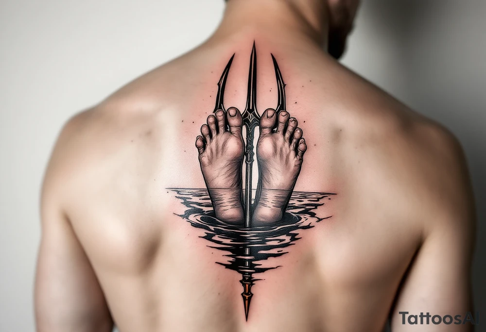 barefeet behind trident with water and sunset tattoo idea