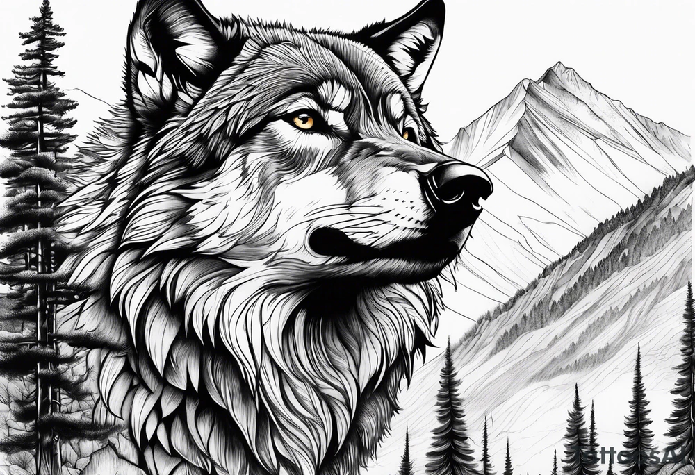Mountains, wolf in it tattoo idea