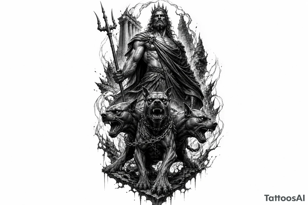 Hades with Cerberus in a dark, mythological style. tattoo idea