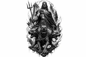 Hades with Cerberus in a dark, mythological style. tattoo idea