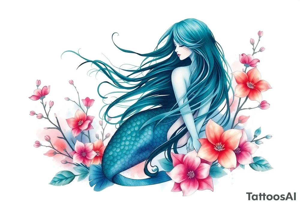 ethereal mermaid with flowing hair among coral and sea flowers tattoo idea