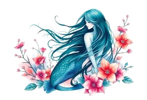 ethereal mermaid with flowing hair among coral and sea flowers tattoo idea