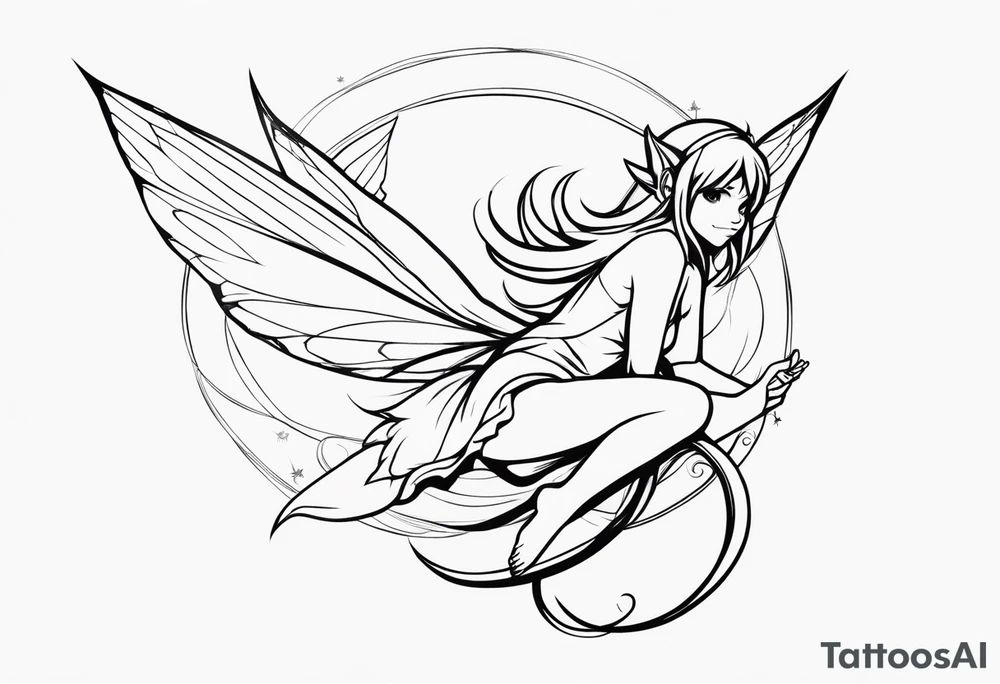 No background and no color sketch of a fairy with a tail inspired by the guild symbol in the anime show called Fairy Tail in a fetal position leaning in and forward while crawled in tattoo idea