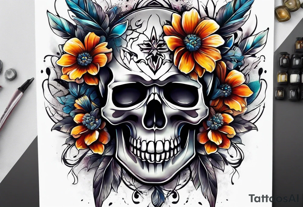 front knee tattoo with flowers & skulls, & water washes, background washes tattoo idea
