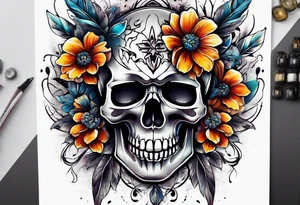 front knee tattoo with flowers & skulls, & water washes, background washes tattoo idea