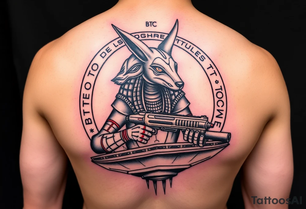 "Anubis in a ufo, holding a tommy gun. His jackal head is half-cyborg (exposed circuits). Hieroglyph background spells 'BTC TO THE MOON'.  

Style: Art Deco meets cyber-Egyptian. Black/red/gold ink. Forearm sleeve." tattoo idea