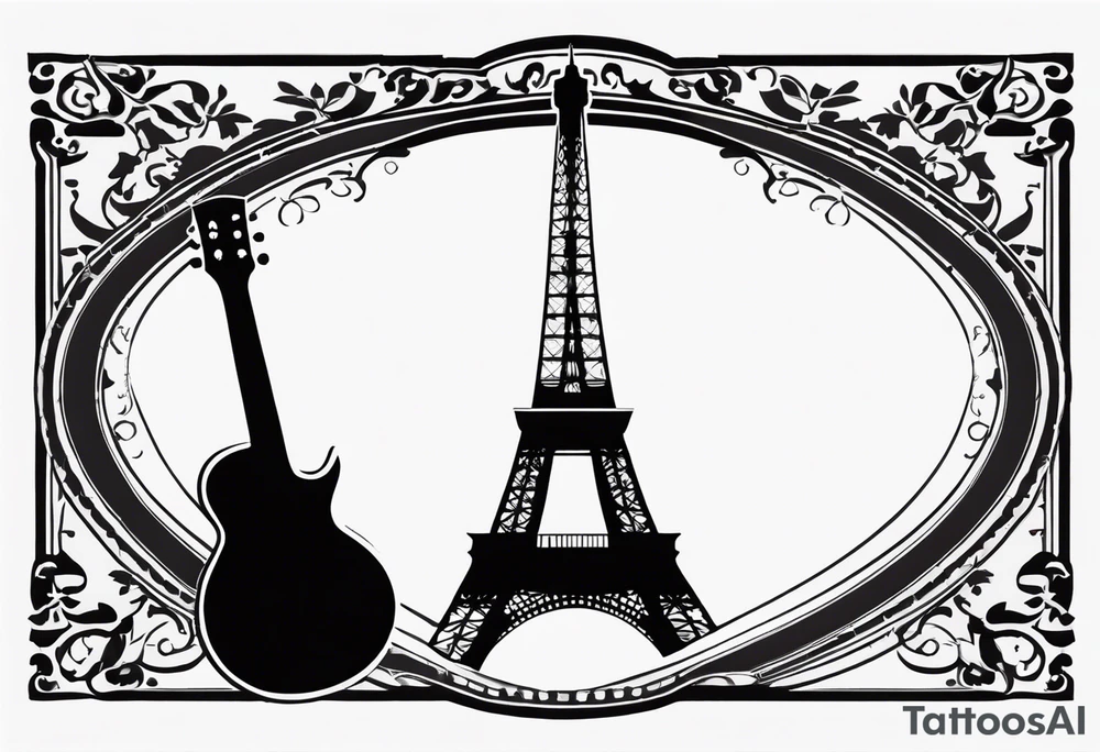 A black-and-white silhouette of the Eiffel Tower, framed within the shape of a guitar. The guitar's body is represented with bold, flowing lines, forming the outline of the instrument in solid black, creating a striking contrast against the white background. The Eiffel Tower itself is depicted in clean, sharp lines, standing tall and centered inside the guitar, with intricate details of its lattice structure. Negative space plays a key role in the composition, highlighting the seamless fusion of the two iconic symbols. The background remains stark white, drawing focus to the unique combination of music and architecture, with no gradients or additional shading. The overall effect is minimalistic yet dynamic, evoking a sense of conceptual art and visual harmony. tattoo idea