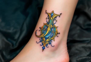 Ornate gold "J" with baroque-style filigree details and royal blue shading. tattoo idea