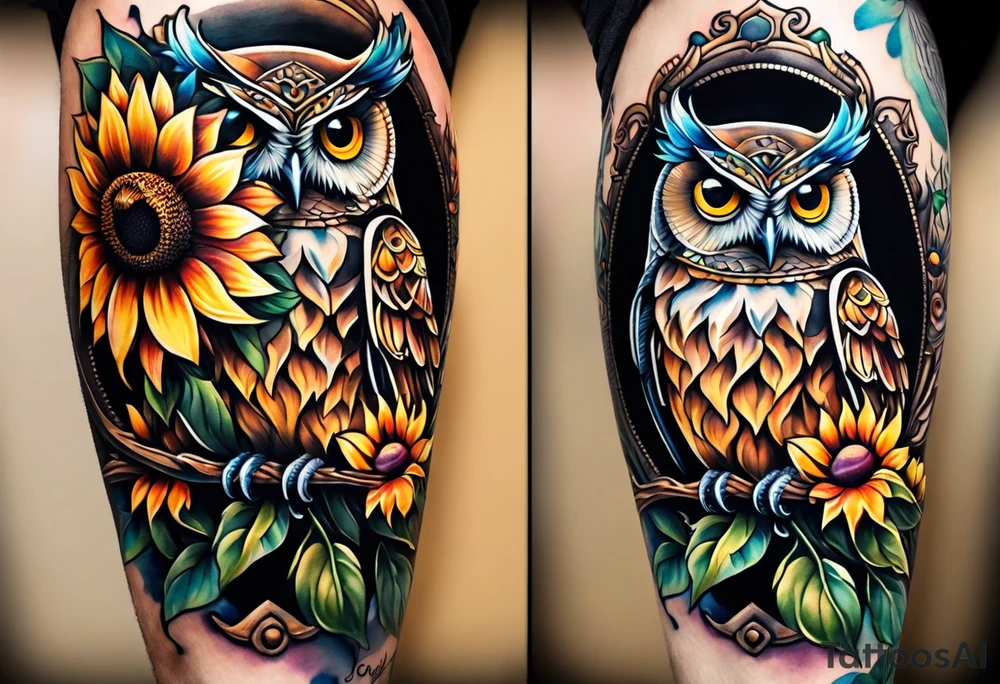 Leg sleeve with colorful sunflowers and an owl tattoo idea