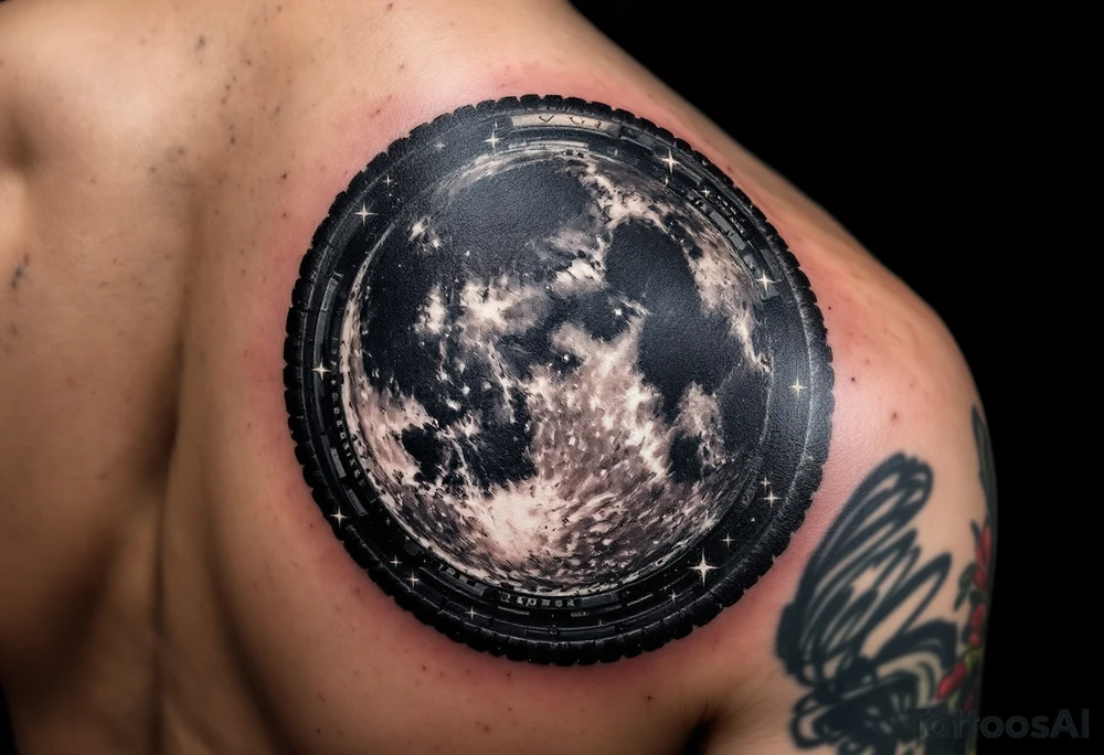 A bike tire forming the moon, with a dark background and the moon in shades of silver and white, with small twinkling stars scattered around. tattoo idea