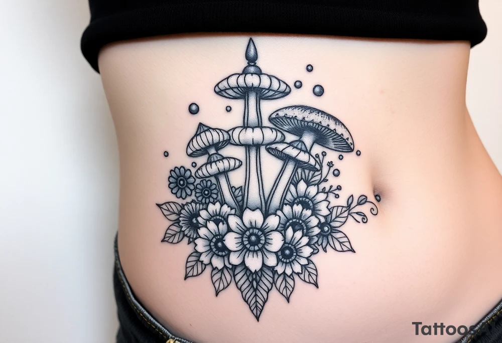 Could you possible make me a nature tattoo with mushrooms crystals  flowers mandala boho but vibrant colorful and psychedelic colorful too that would wrap from front of hip around side to mid back to cover an existing one tattoo idea