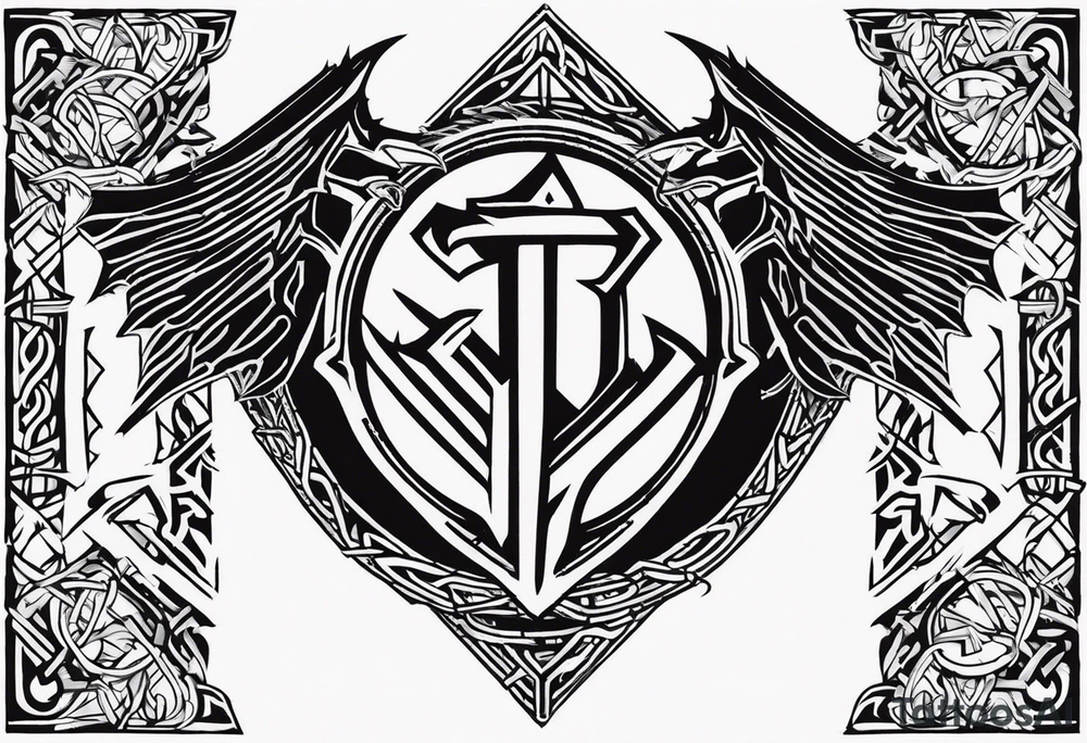 Valhalla sword shield dragon axe Valknut barbed wire chains tribal tattoo idea Valhalla sword shield dragon axe Valknut barbed wire chains tribal tattoo idea