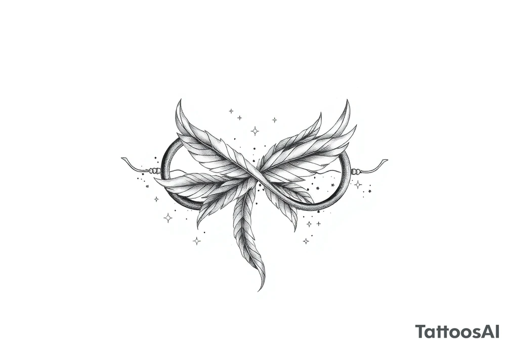 infinity symbol woven with floating feathers and stardust tattoo idea