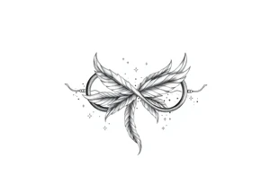 infinity symbol woven with floating feathers and stardust tattoo idea