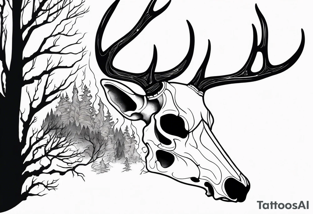 Halloween side profile of a DECAYING deer skull JUST BONE surrounded by a flames and trees in background tattoo idea