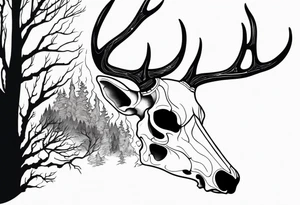 Halloween side profile of a DECAYING deer skull JUST BONE surrounded by a flames and trees in background tattoo idea