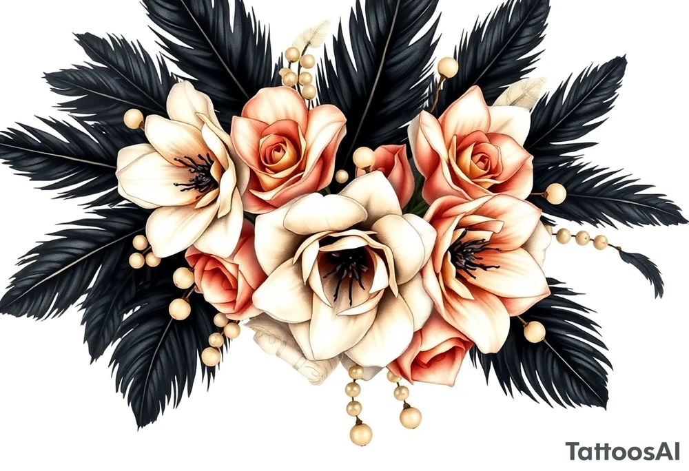 A wedding bouquet of black , cream and  rosegold flowers surrounded by black feathers as the wrapping with one single pearl along the spine of each feather tattoo idea
