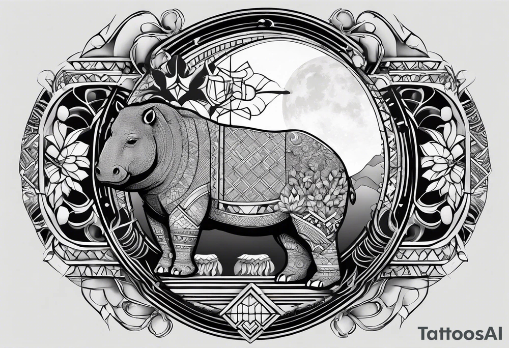 Very asymmetrical, +geometric pattern, with realistic full moon, with hippo at side look, +tribal, +geometric, +inkart , +blackwork, +grey scale
with wintersweet flower bud, +portrait orientation, +inkart touch, tattoo idea