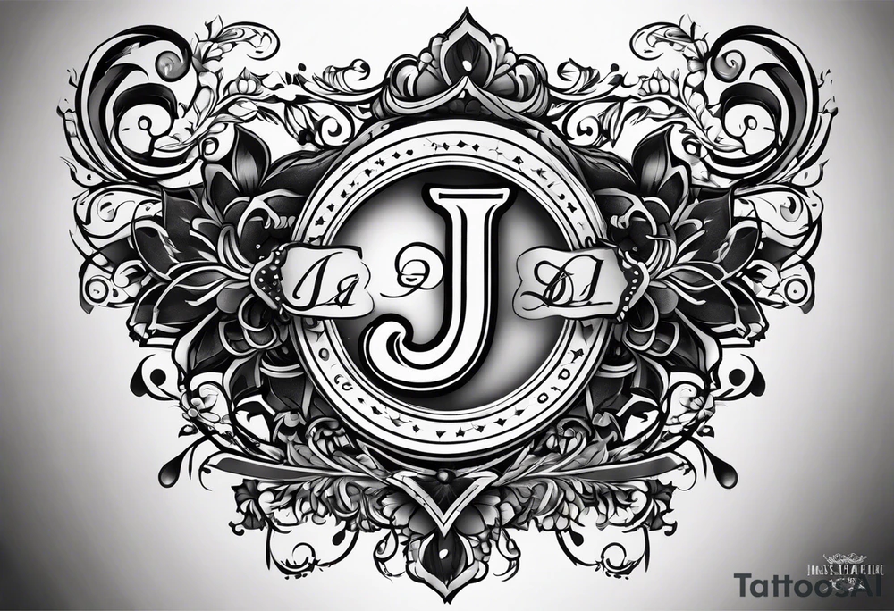 I want to design a tattoo that has the letters A, J, D, E mixed together like a design in harmony with old chaligraphy tattoo idea