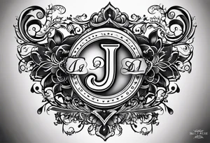 I want to design a tattoo that has the letters A, J, D, E mixed together like a design in harmony with old chaligraphy tattoo idea