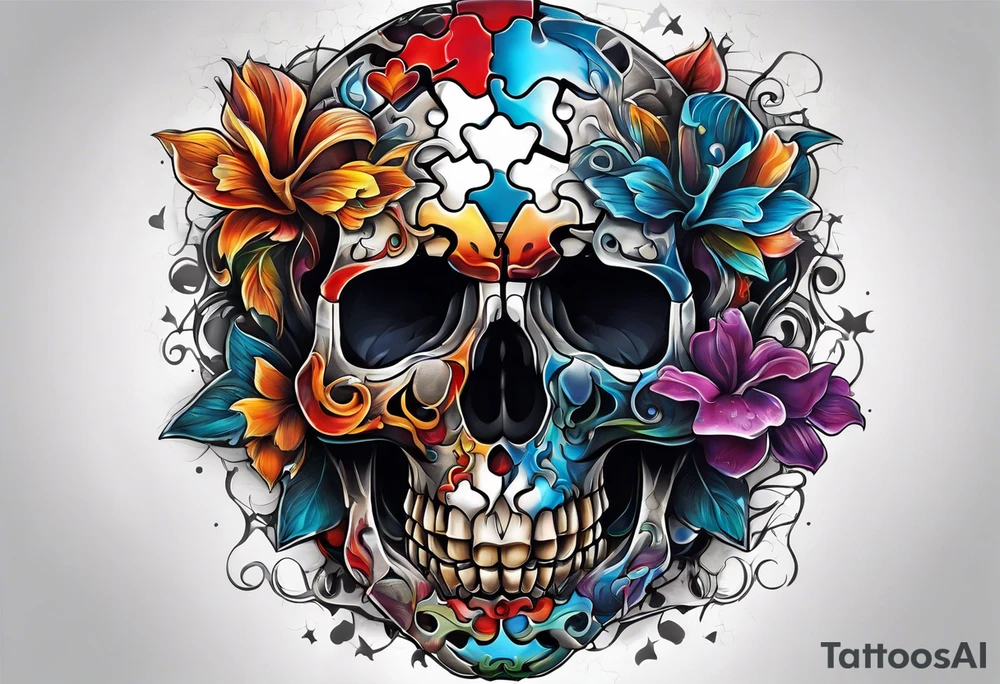 Skull with Autism Awareness Puzzle pieces. tattoo idea