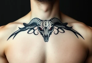 Evil Abstract looking taurus skull chest tattoo with red eyes tattoo idea