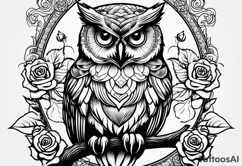 owl with rose tattoo idea