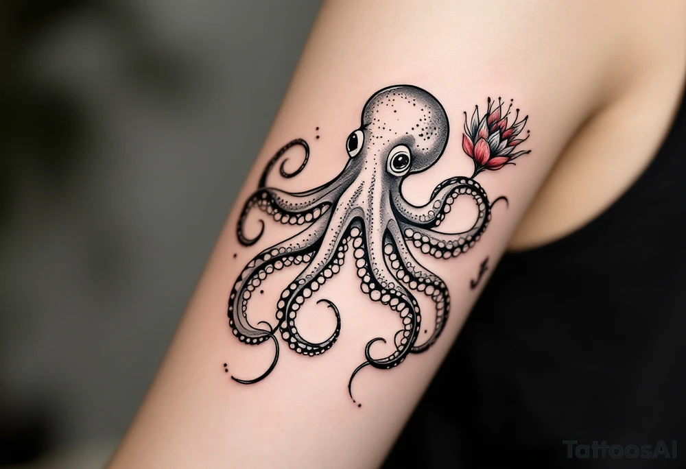 A small realistic black and grey tattoo of an octopus, cute, with detailed shading and soft linework, showing the octopus with swirling tentacles, on light skin. ornamental flowers around with red ink. The style is minimalistic and elegant, resembling fine-line tattoo with a shadow tattoo idea