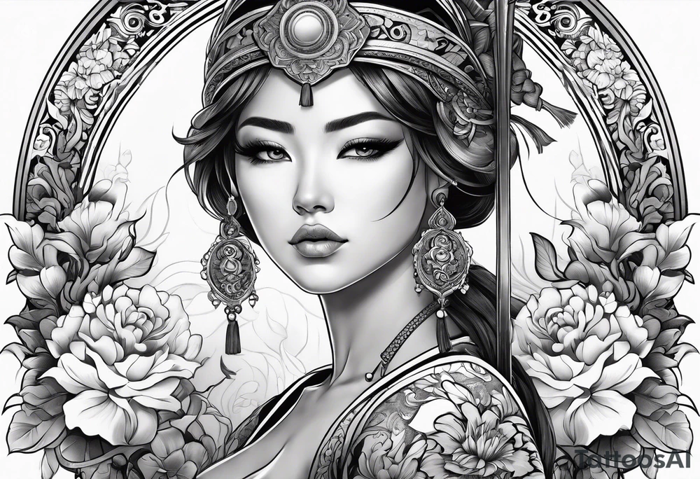 ornate beautiful woman warrior with weapon & floral arch background tattoo from head to torso tattoo idea