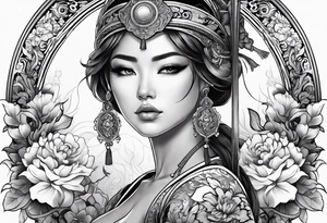 ornate beautiful woman warrior with weapon & floral arch background tattoo from head to torso tattoo idea