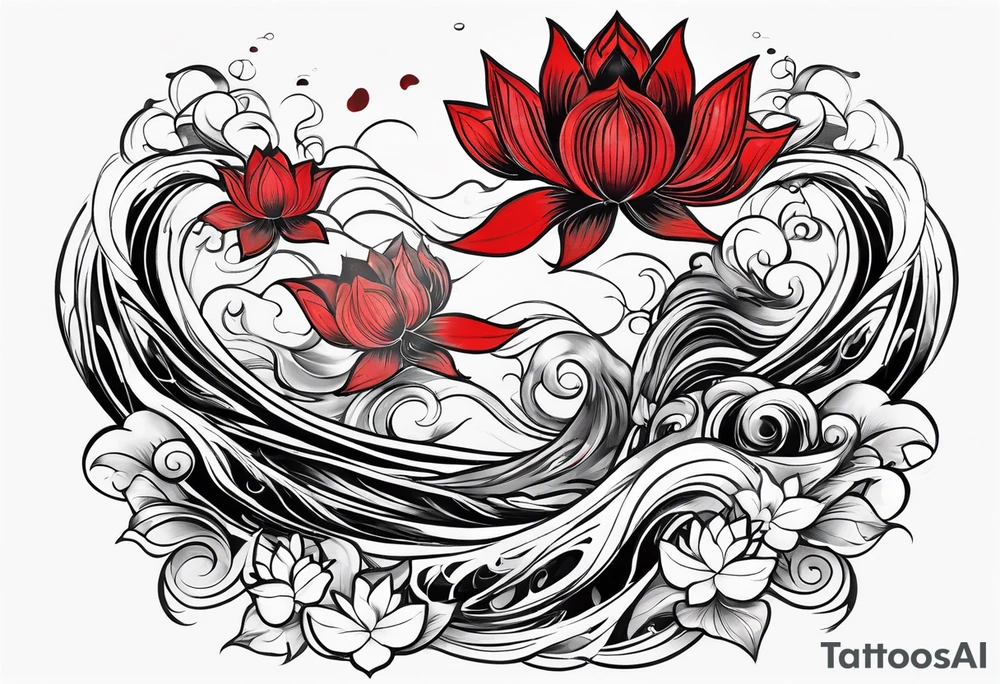 twin coi fish red and black with waves and lotus flowers tattoo idea