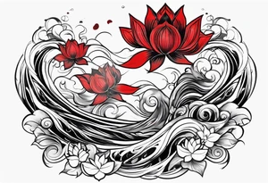 twin coi fish red and black with waves and lotus flowers tattoo idea