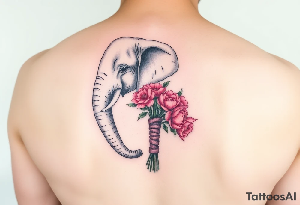 elephant holding a bouquet of small pink peonies wrapped in the end of its trunk tattoo idea