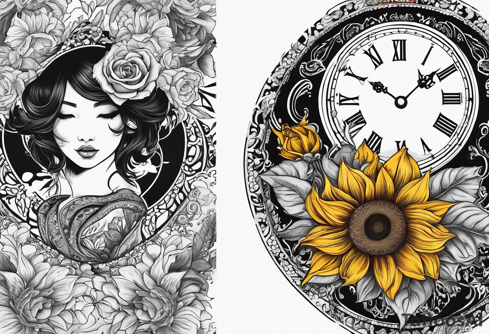 Sunflower, roses, paisley, witch, 3 pocket watches, celestial, tattoo idea