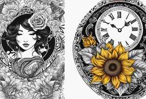 Sunflower, roses, paisley, witch, 3 pocket watches, celestial, tattoo idea