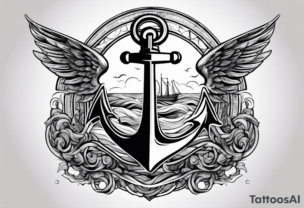 a ship anchor with a large S through the anchor and angle wings on the left and right side. ocean waves in the background tattoo idea