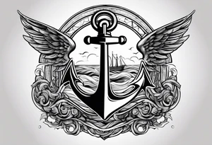 a ship anchor with a large S through the anchor and angle wings on the left and right side. ocean waves in the background tattoo idea