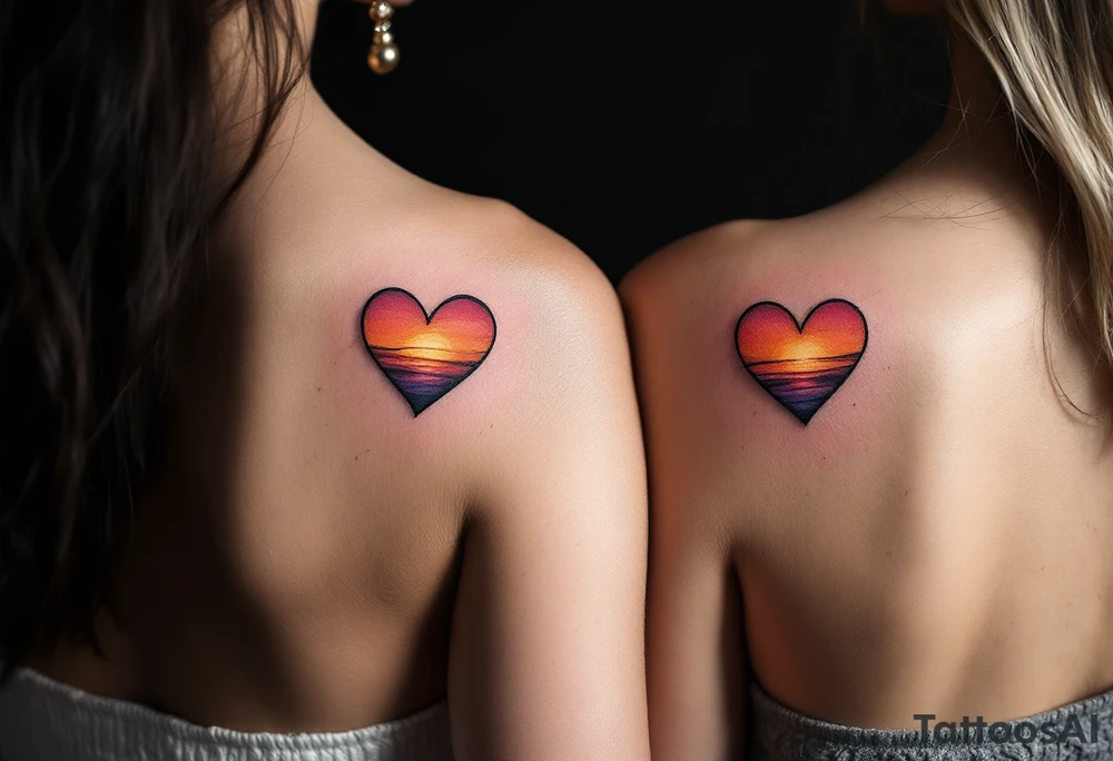 Tiny hearts shaded with a sunset gradient of orange, pink, and purple across each partner shoulder blades. tattoo idea